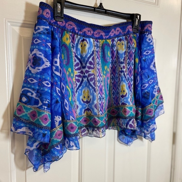 Zara Women's Asymmetric LARGE Skirt Blue‎ Mini Aztec Tribal Layered Pull on Boho - Picture 4 of 5